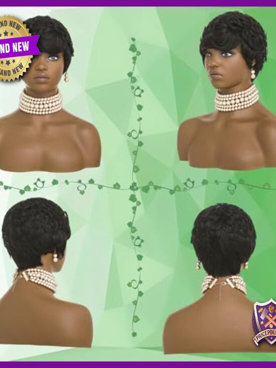Short Curly Human Hair Wig with Bangs Pixie Cut Lightweight Daily Cosplay main image 4